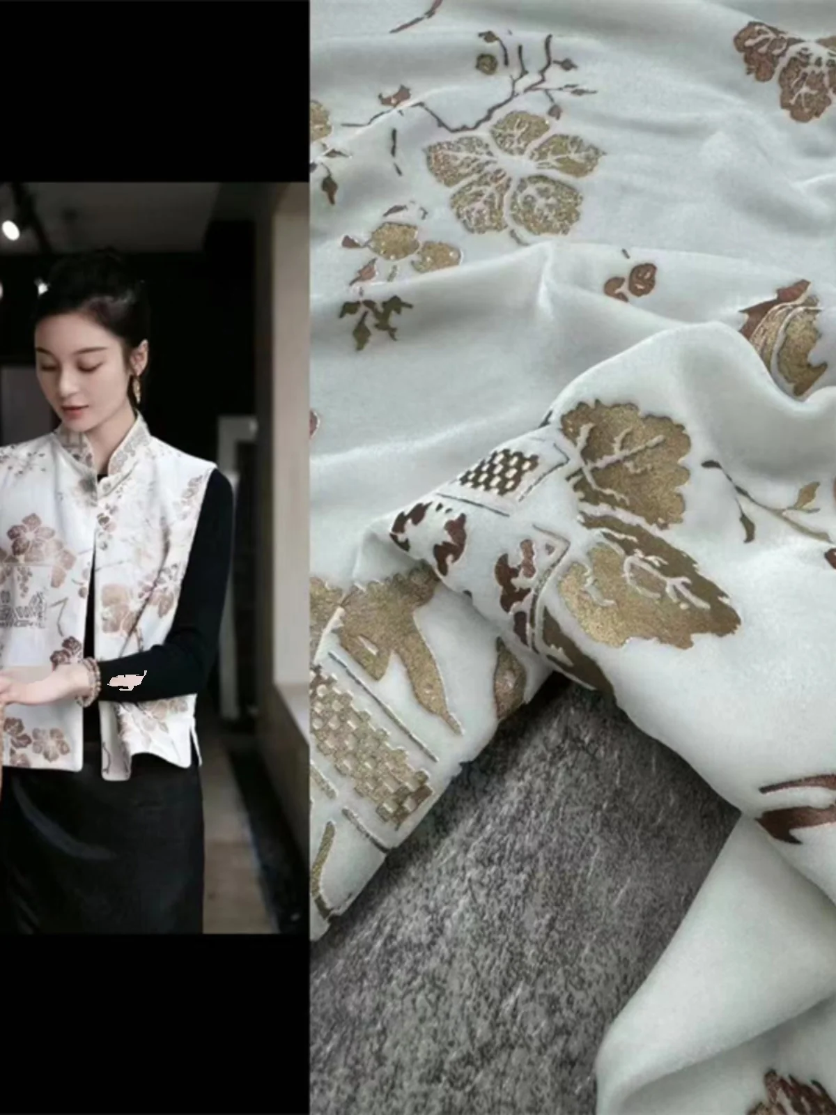 

Новинка ранней весны: комплект из топа и жилета из бархатной ткани с шелкографией и золотым тиснением в китайском стиле