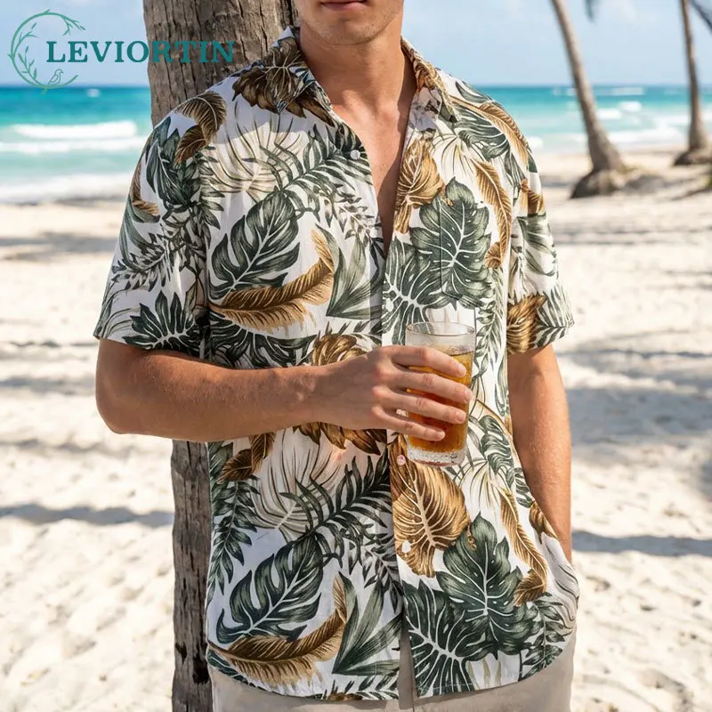 Harajuku Streetwear Hawaiian Shirt Men Hip Hop Leaf Print Short Sleeve Button Beach Shirts 2023 Fashioin Casual Loose Summer Top