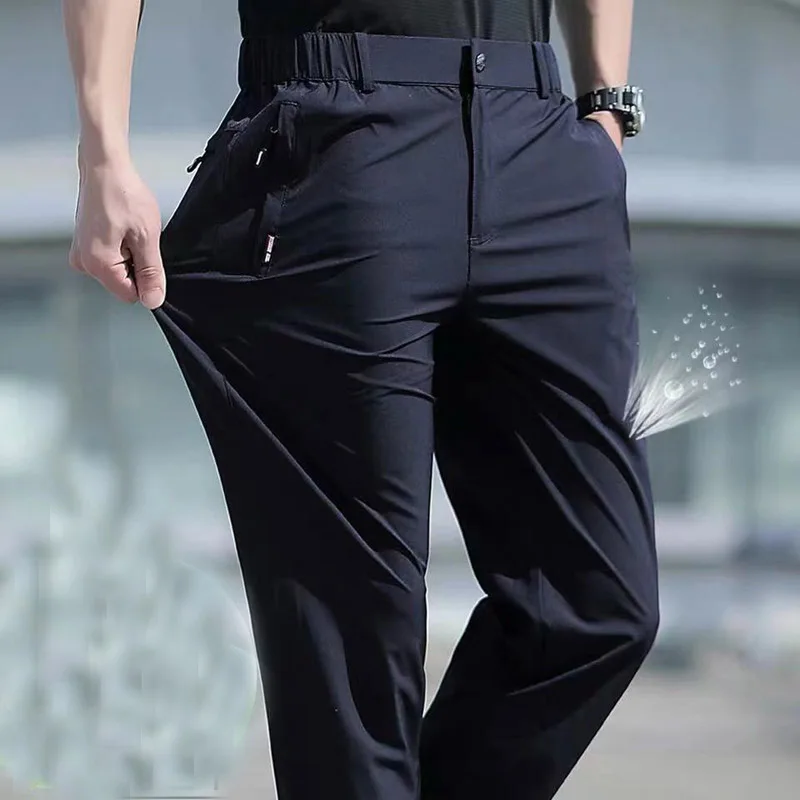 

Large Size Men's Summer Pants Plus Size Ice Silk Stretch Breathable Straight Leg Pants 8XL Quick Dry Elastic Band Black Trousers