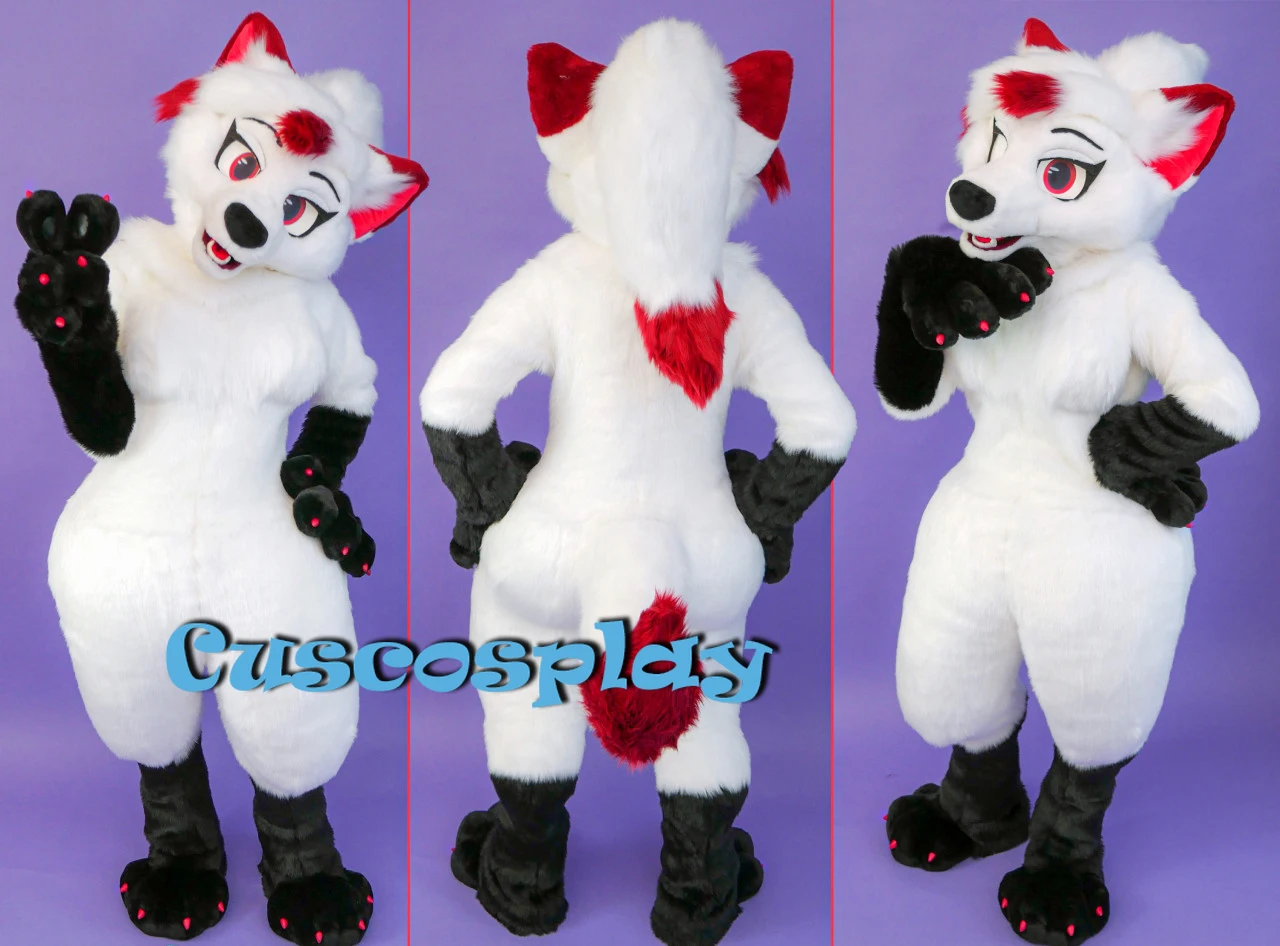 

White Red Long Fur Furry Fox Wolf Husky Dog Mascot Costume Fursuit Adult Cartoon Annual Celebration Amusement Park