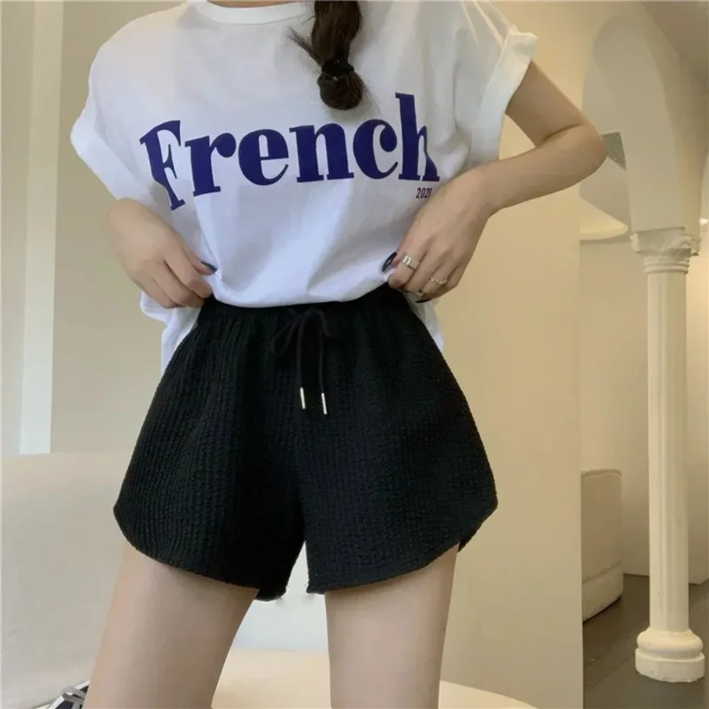 Waffle Knit Women Casual Shorts Elastic Waist Wide Leg High Waisted Shorts Soft Touch Solid Color Summer Hot Pants Loungewear