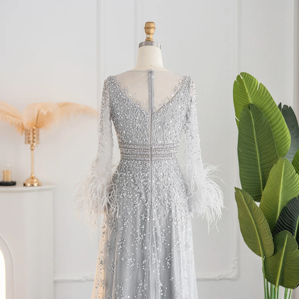 Sharon Said Luxuriöses Abendkleid mit Perlen und Silberfedern in Champagner für Damen, Hochzeit, Bankett, formelle Gala, Partykleid SS101, Maßanfertigung – Detail 11