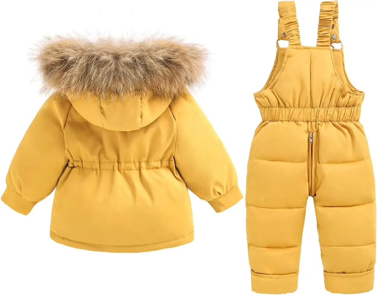 2025 Winter Cozy Yellow Color Fur Collar Toddler Boys Snowsuit Girls Snow Pant and Jacket Bib Kids Stylish Clothes Coat