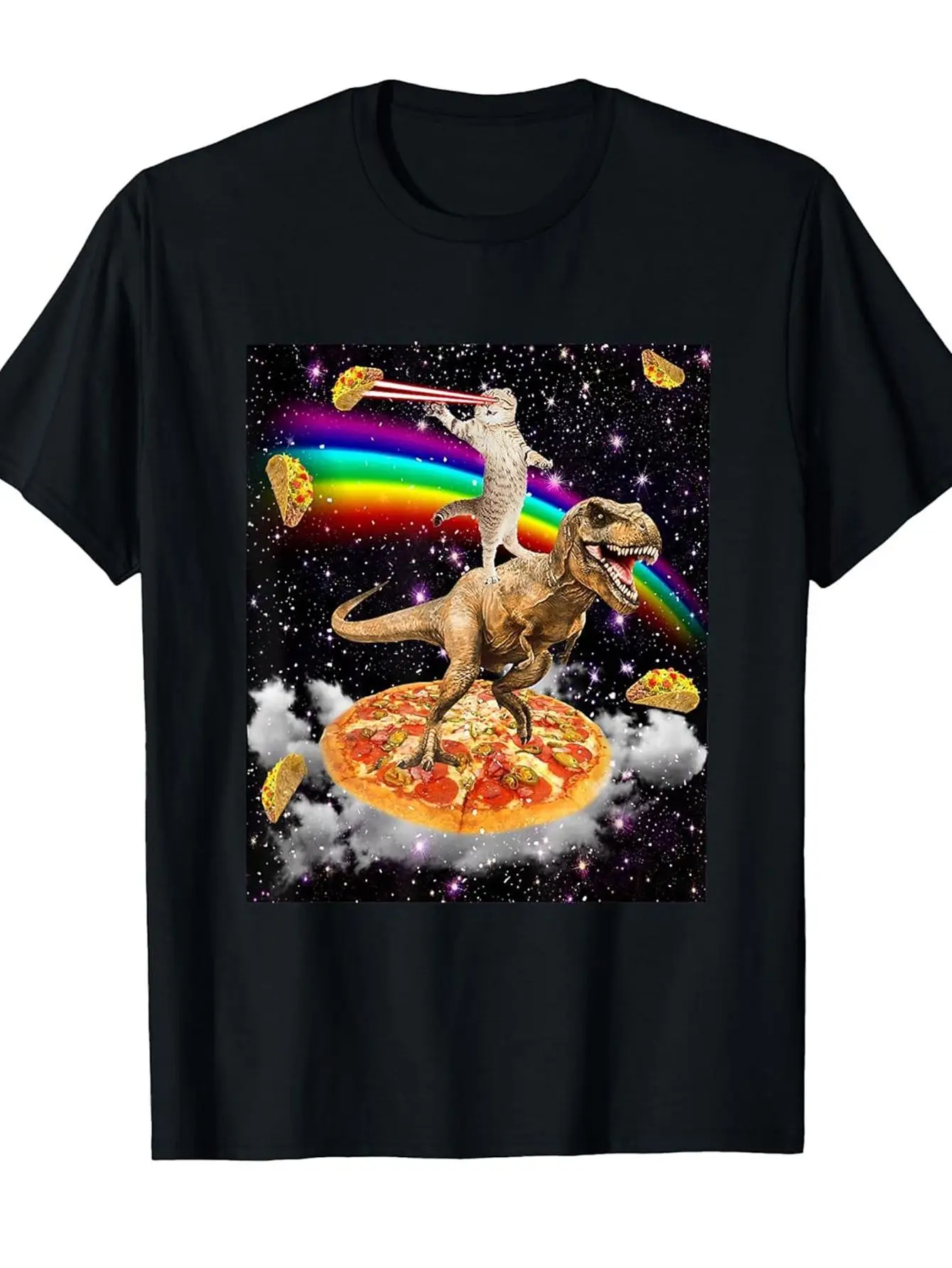 

Laser Cat Riding T-Rex on Pizza Galaxy Graphic Tee Funny Men's Short Sleeve T-Shirt Retro Taco Space