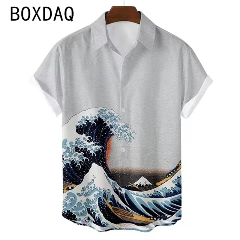 New Men's Japanese Style Shirt 3D High-end Art Retro Waves Printed Blouse Big Size Men Short Sleeve Hawaii Beach Casual Shirt