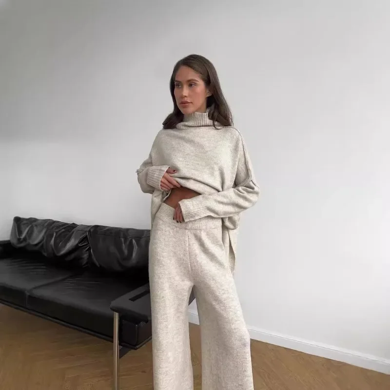 2025 High Collar Split Wool Sweater Set for Women in Europe and America, Loose and Casual, Lazy Knitted Pants, Two Piece Set