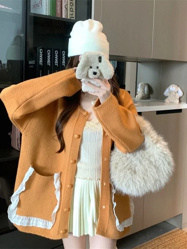 

plus Size Women's Sweet Sle Lace Trim ket Knitted Sweater Coat Loose Fit Autumn Trendy Top High Waist Long Sve