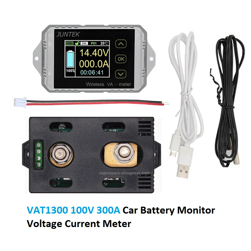 JUNTEK VAT1300 Voltage Current Meter 100V 50A~300A Wireless Coulomb Counter Bi-directional Car Battery Monitor Wattmeter VAT1200