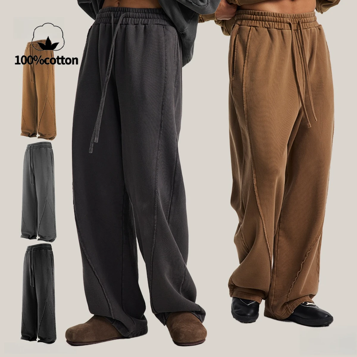 بنطال مستقيم الساق للرجال |   2025 AW وصول جديد مع حاشية متوترة، تصميم بألواح، تأثير متعثر ومغسول للجنسين