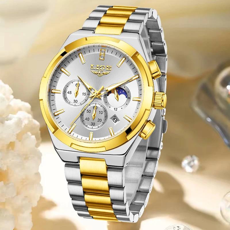 LIGE Women's Watches Top Brand Luxury 24 Hour Moon Phase Quartz Watch For Women Waterproof Luminous Chronograph Relogio Feminino