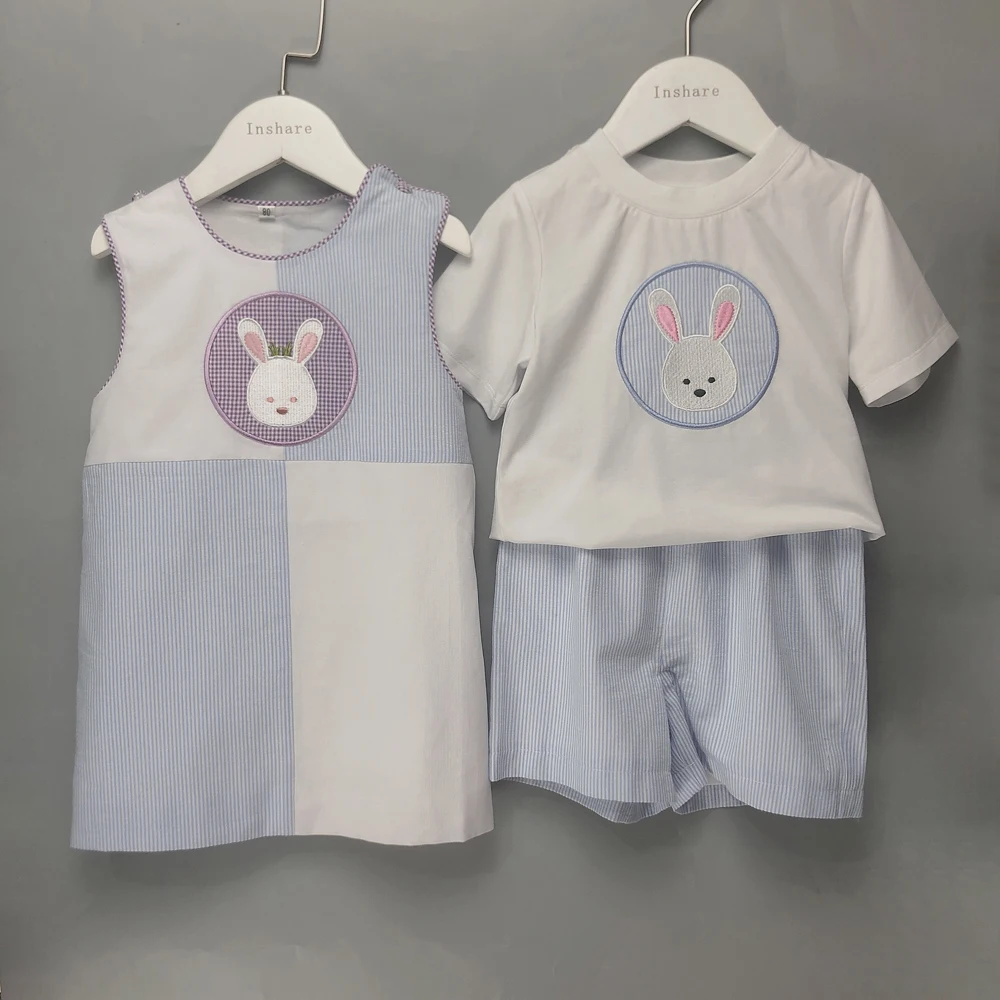 Summer Siblings Clothing Handmade Embroidered Rabbit Pure Cotton ShortSleeved Set Sleeveless Skirt Comfortable Breathable Lovely