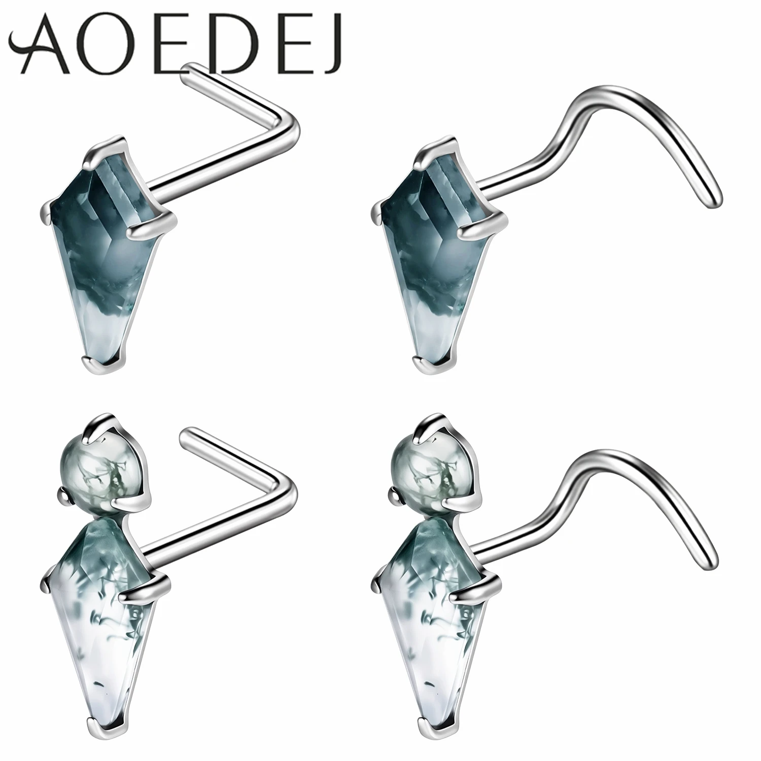 AOEDEJ 1 Piece 20G Unique Stainless Steel Nose Studs Women Girls Green Moss Agate Nose Rings L/S Shape Nostril Piercings Jewelry