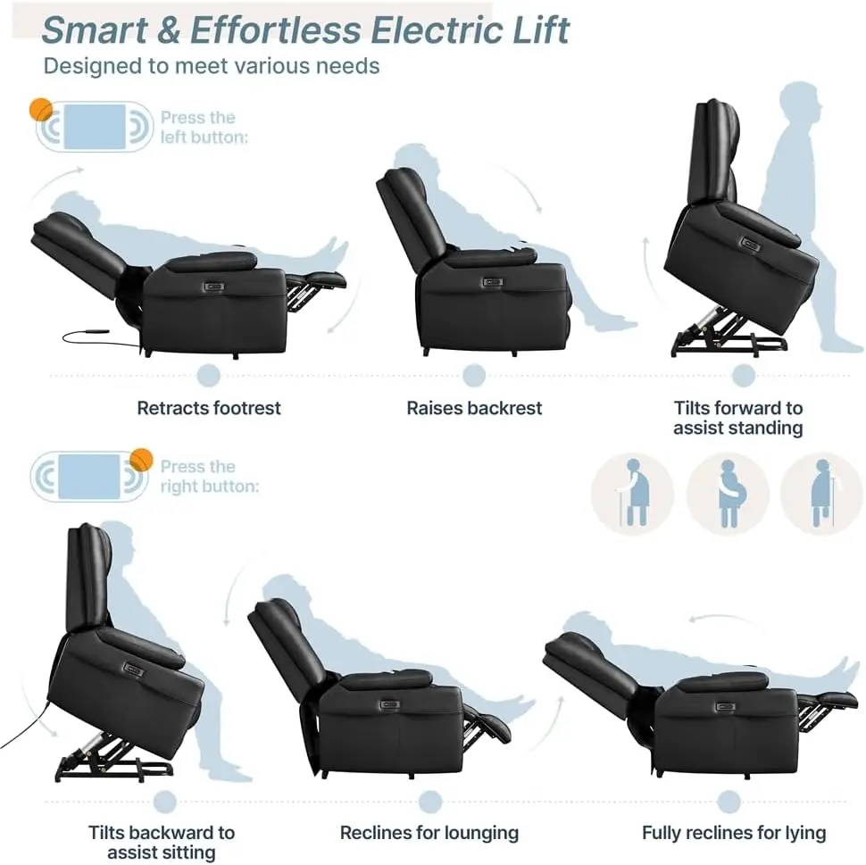 كرسي كرسي رفع كهربائي كبير، كرسي تدليك من جلد البولي يوريثان مع حرارة ومنفذ USB لكبار السن، كرسي صالة مريح #6