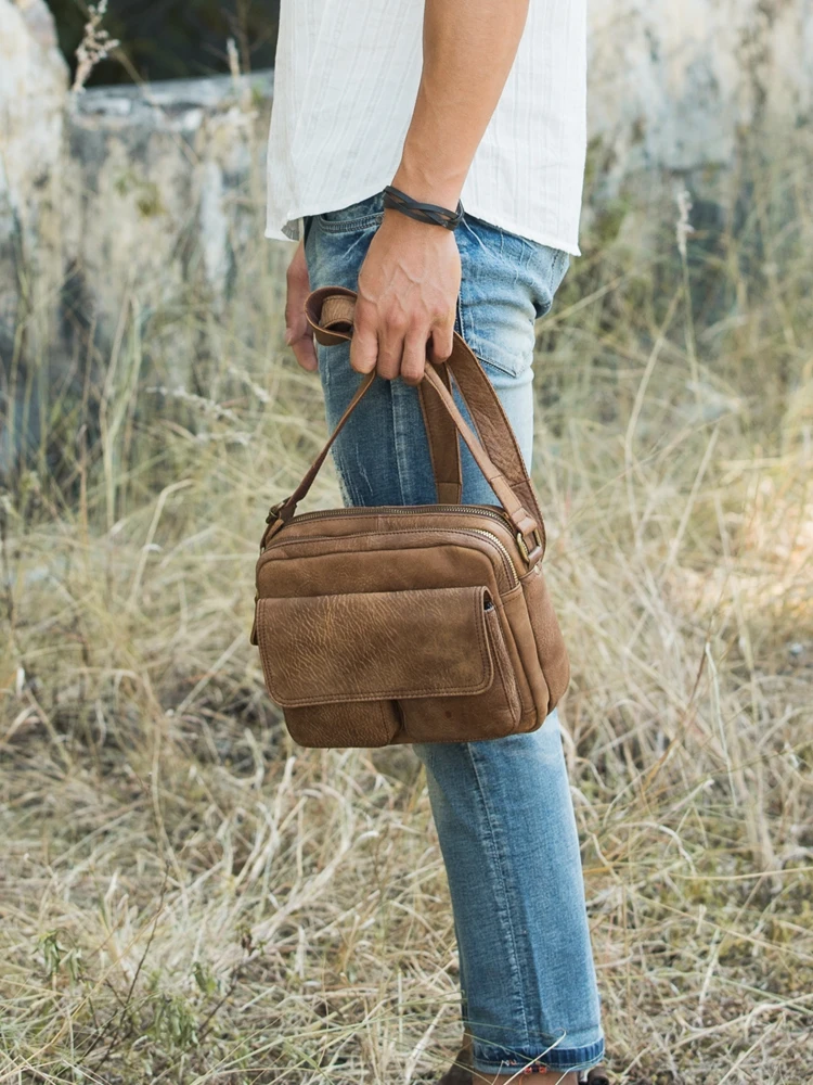 Bolso de mensajero de cuero Retro para hombre, bandolera pequeña de hombro, paquete Simple Original hecho a mano, cuero esmerilado Vintage suave