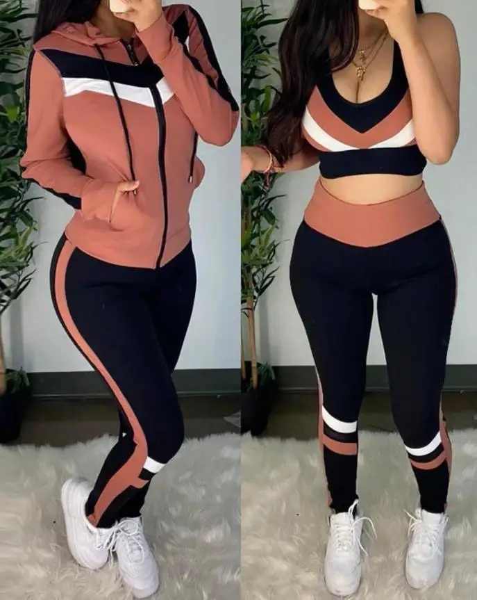 Girl's Striped U-Neck Thick Strap Exposed Navel Jacket and High Waisted Long Pants Set Paired with Long Sleeved Hooded Jacket