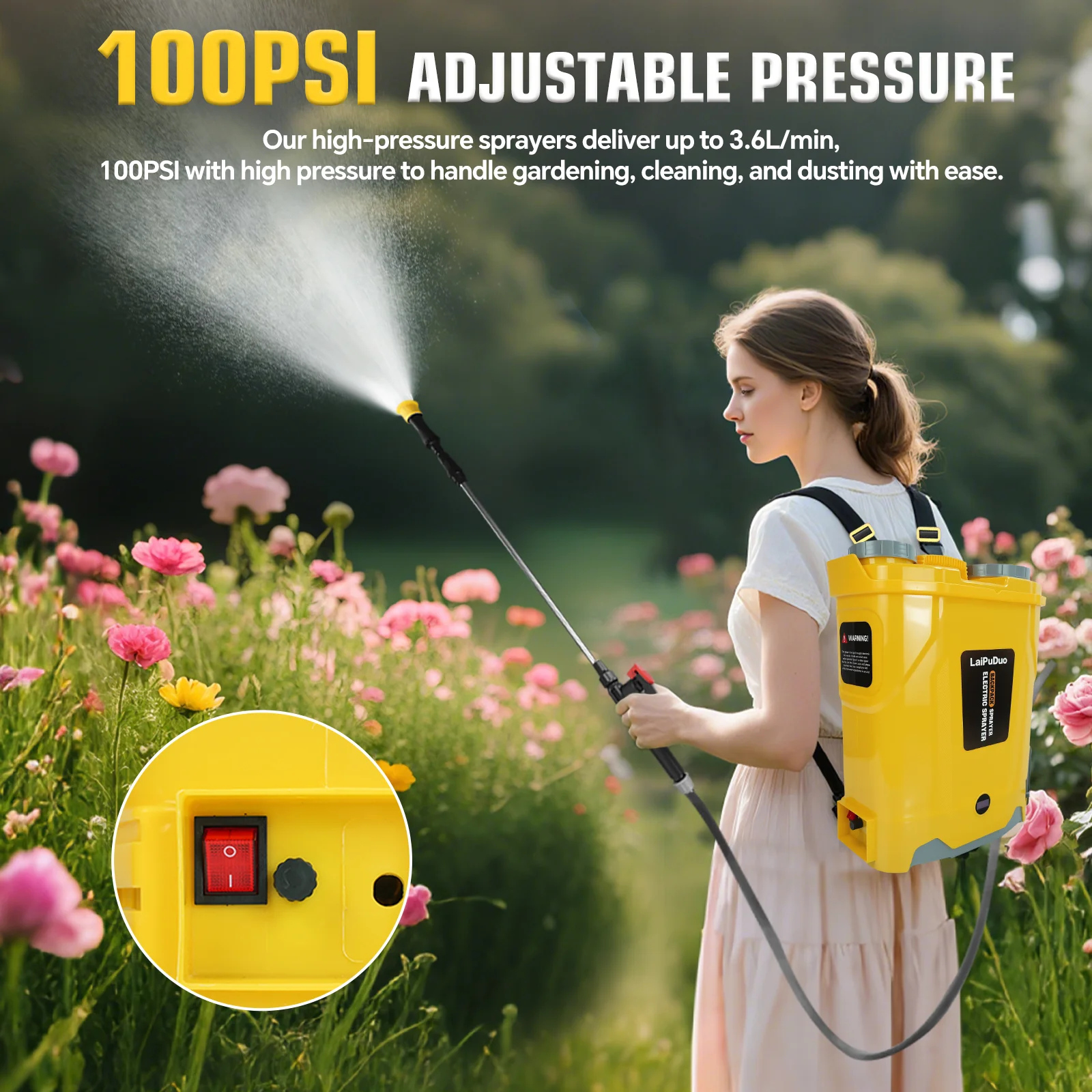 

20L Battery Powered Backpack Sprayer 0-100 PSI Adjustable Pressure Electric Graden Sprayer with 4 Nozzles For Dewalt 20V Battery