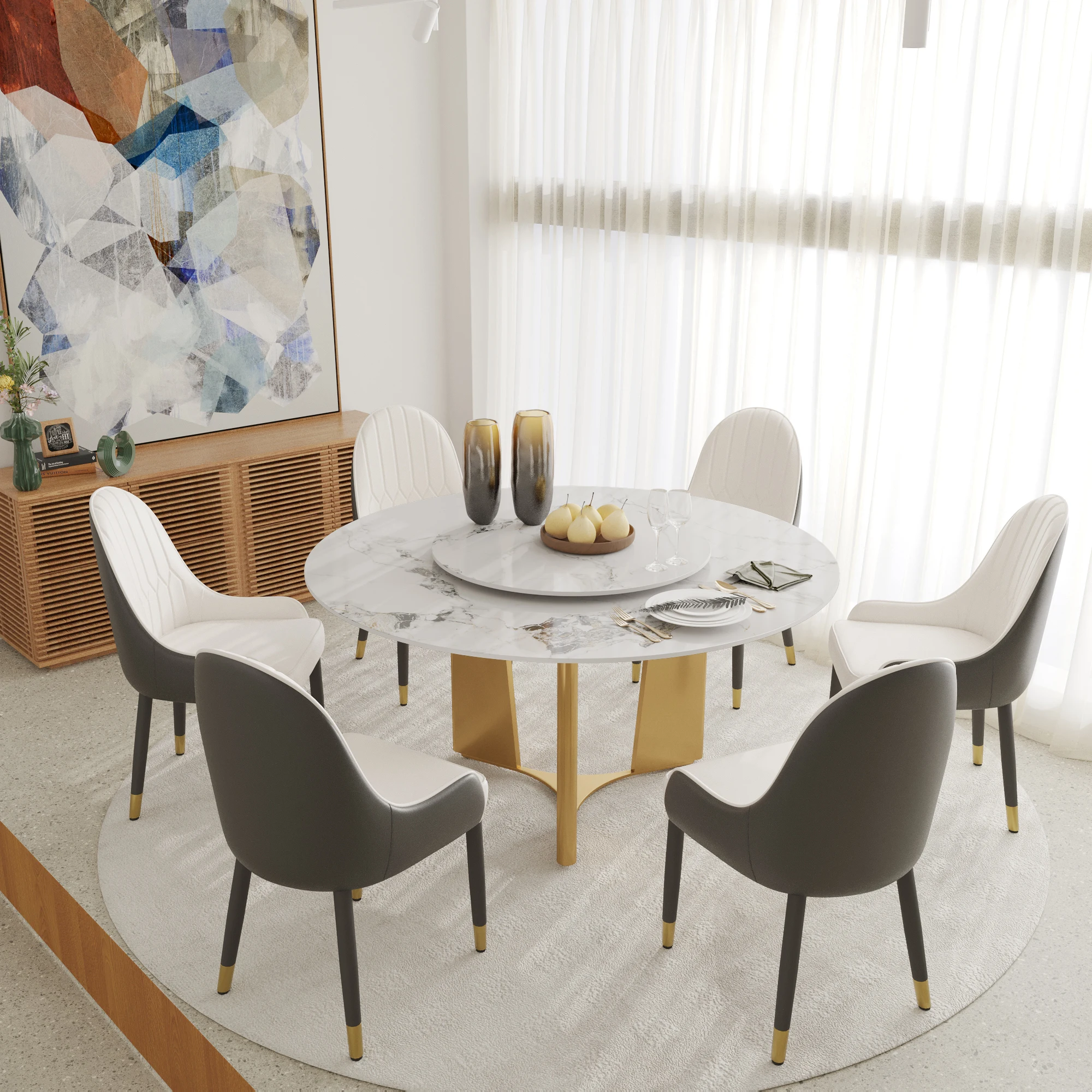 

Atunus USA Drop Shipping in Stock Modern Luxury Rotating Center Sintered Stone Metal Leg Round 6 Seater Marble Dining Table