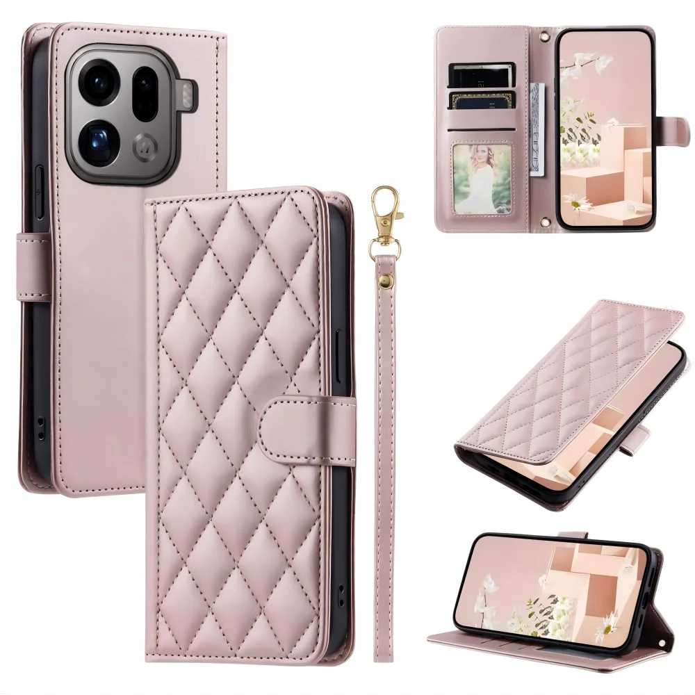 

Flip Leather Grid Phone Case For OPPO Find X9 Pro Card Slot Protective Shell Shockproof Back Cover