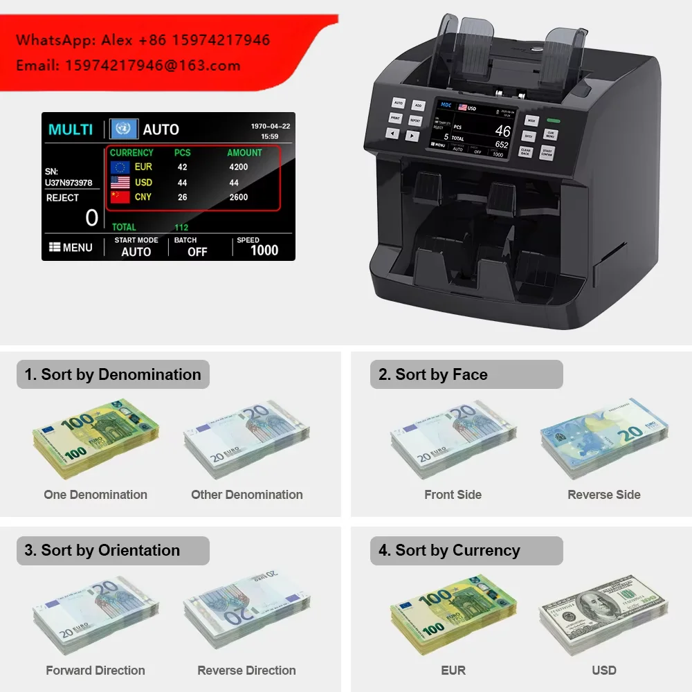Contador de Billetes P200 con Dos Compartimentos, Contador de Valor Mixto MXN ARS PEN, Máquina Clasificadora de Billetes, Contador de Valor de Moneda