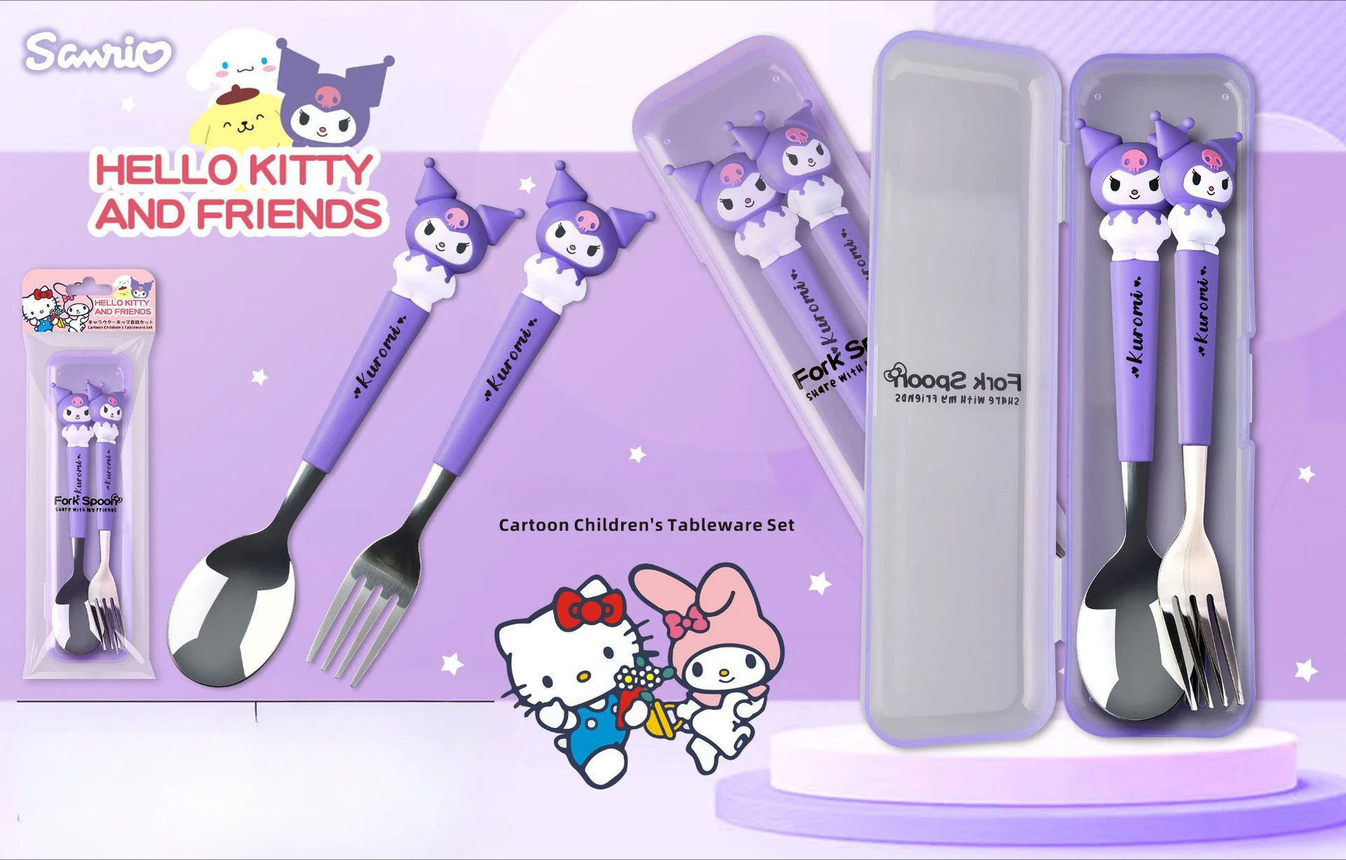 Sanrio Cinnamoroll Melody Hello Kitty Kuromi Steel เด็กน่ารักการ์ตูนแบบพกพาบนโต๊ะอาหารชุดช้อนตะเกียบ