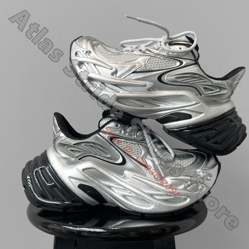 Women Metallic Silver Chunky Sneakers Breathable Mesh Thick Sculpted Sole Y2K Cyberpunk Urban Street Daily Walking Shoes