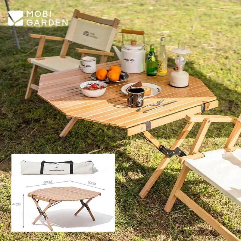 MOBI GARDEN Camping Outdoor Portable Folding Table Picnic Table Solid Wood Octagonal Egg Roll Table Free Storage Bag Bearing30KG