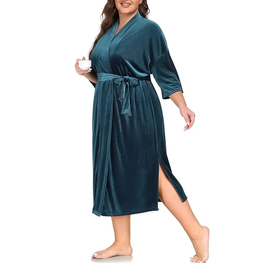 

Винтажная женская бархатная накидка-кимоно больших размеров, длинный халат для женщин, мягкая пушистая ночная рубашка, домашняя одежда для сна и отдыха