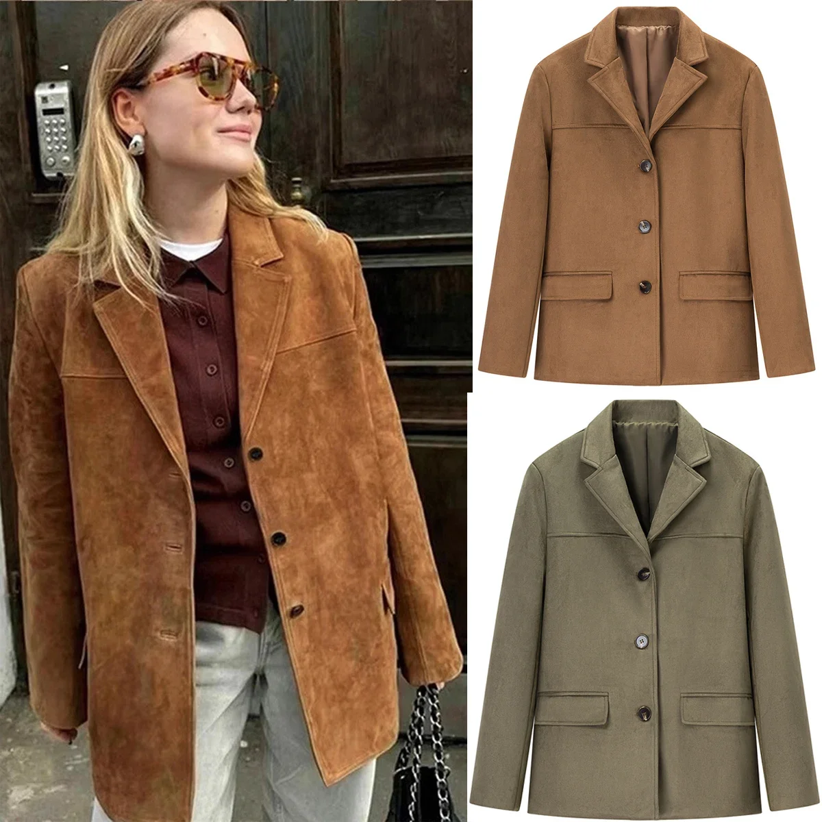 

Women's Vintage Brown Jacket Long Sleeve Loose Suit Jacket with Pockets New Style Fashionable Oversized Women's Blazer Outerwear