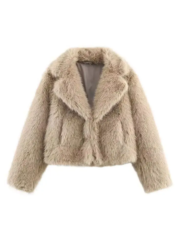 HH mujer moda de invierno solapa bolsillo piel Artificial temperamento grueso abrigo manga larga botón oculto sólido Chaqueta corta suave