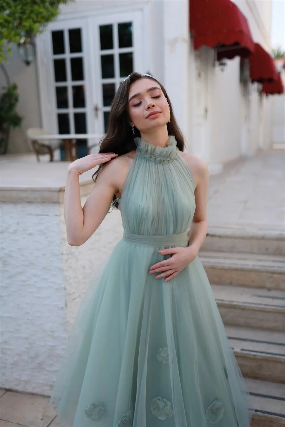 Mint Halter Flower Tea Length Tulle A Line Prom Dresses Custom Made 2024 Formal Bridal Growm Bridemaid Wear