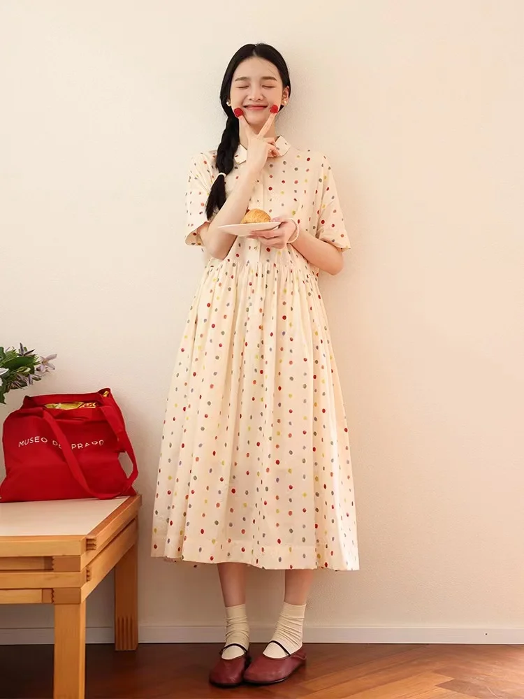 2024 Colorful Polka Dot Girlish Lace Up Retro Dress Women's Summer New Korean Version Loose Casual Short Sleeve Clothes X1015