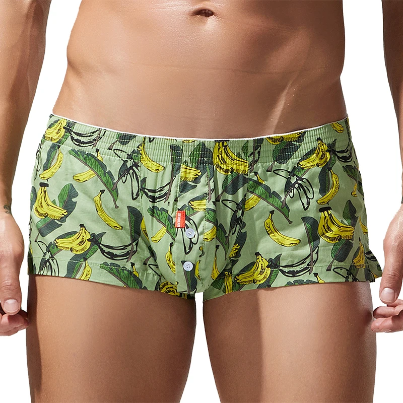 Men's flat underwear made of pure cotton with button openings and fruit patterns for casual sports and home flat shorts