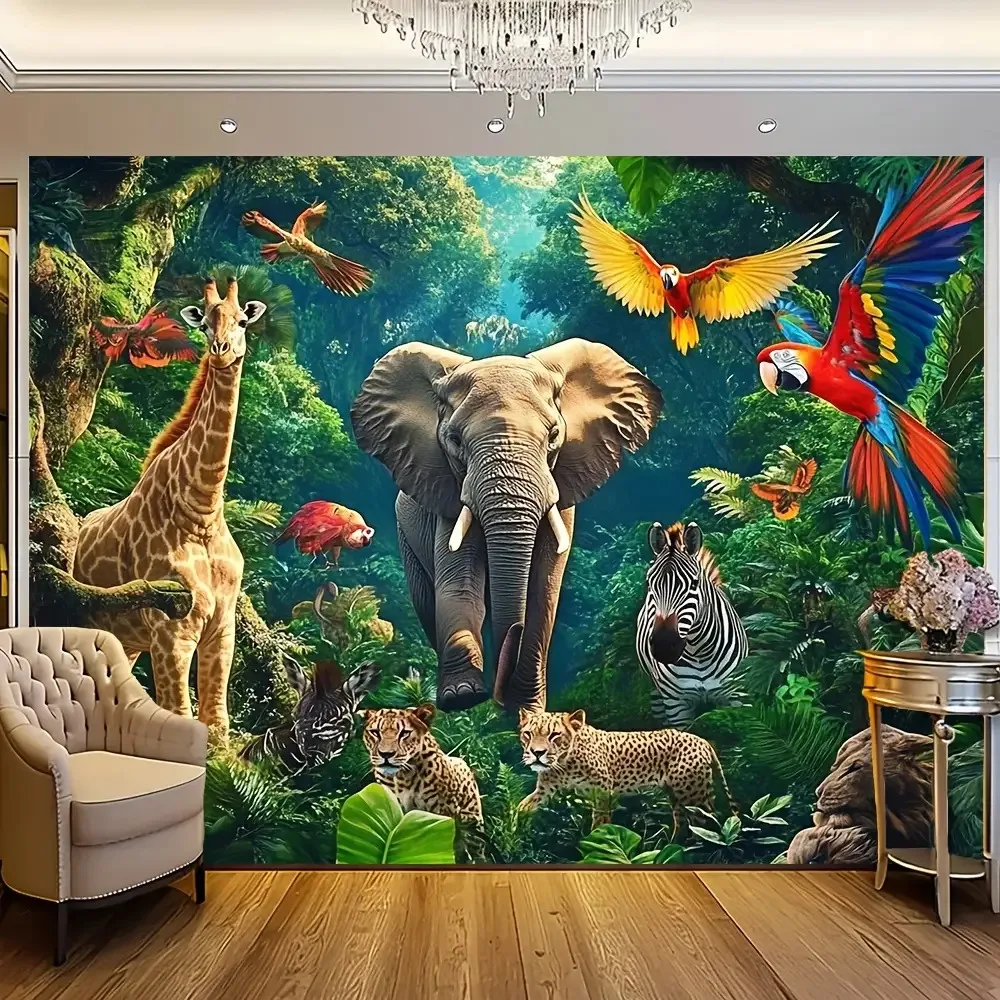 Huge Safari Jungle Tapestry Wall Mural Art Decor 150x300cm Vibrant Wildlife Hanging Elephant Giraffe Zebra Macaw Tropical Animal