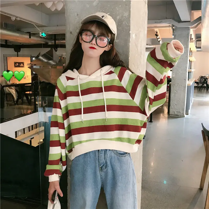 

Striped 2024 Trend Aesthetic Sweatshirt Hooded Clothes Pulovers Harajuku Top for Women Youth Causal T Shirts Grunge O Cute Tees