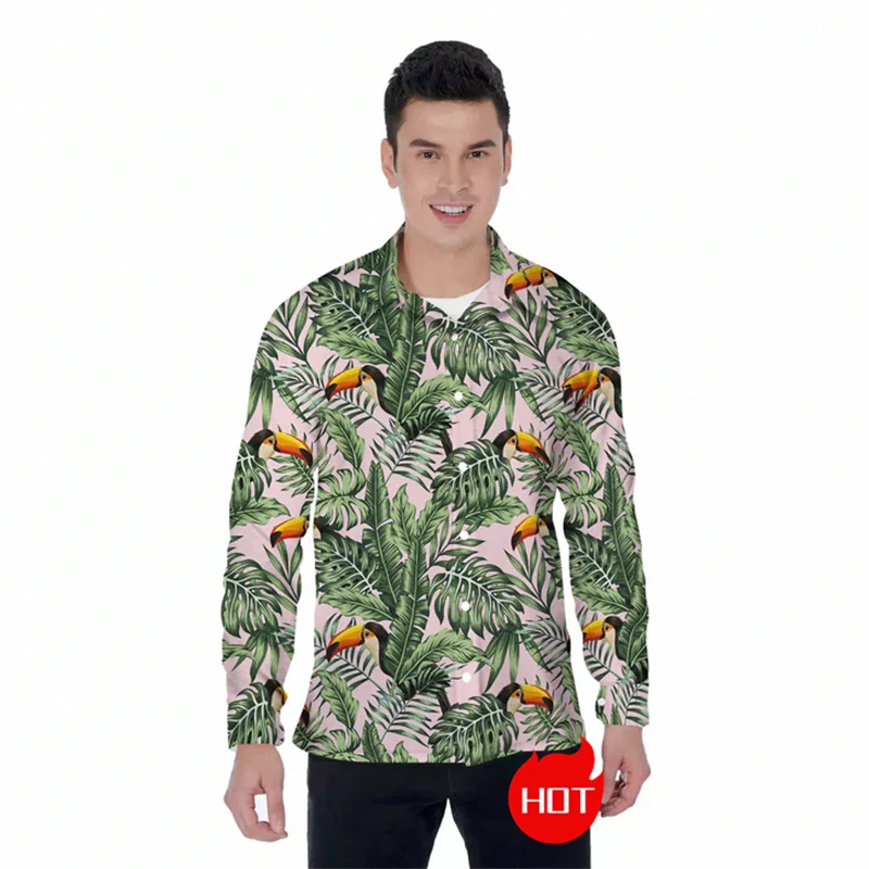 

Рубашка мужская с длинным рукавом, гавайская пляжная блузка с рисунком пальмы и кокосового дерева, с лацканами, весна-осень