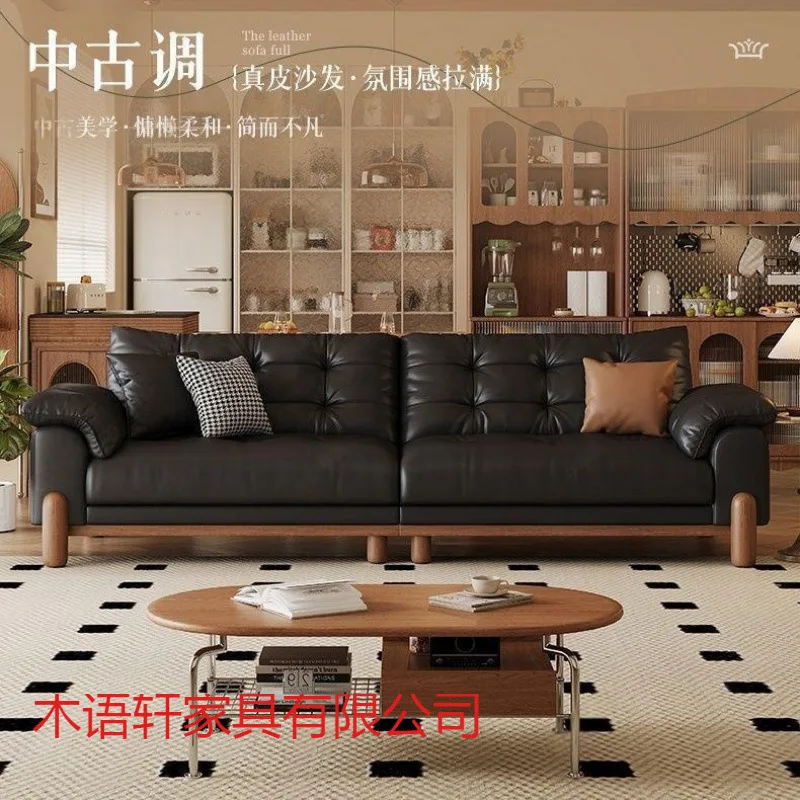 Medieval Leather Sofa Living Room Simple Small Apartment Black First Layer Cowhide Cloud Retro Style Straight Row Three People