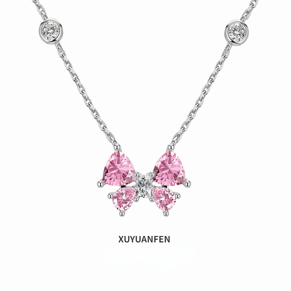 

XUYUANFEN Korean Edition New S925 Sterling Silver Necklace Women's Bow with Zircon Inlay Symmetric and Fresh Design