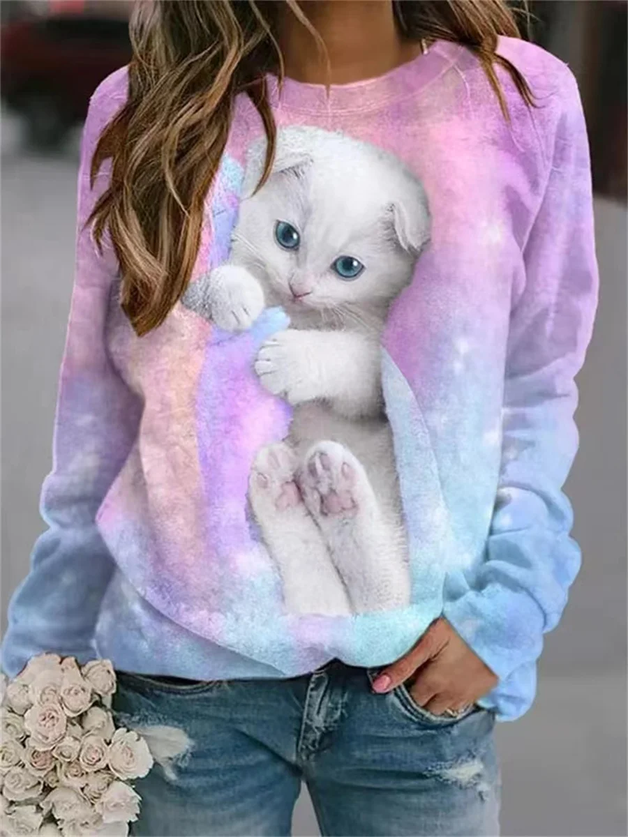 2023 Women’s Cute Kitten Series Fashionable, Comfortable and Soft Printed Large Size Round Neck Pullover Sweatshirt