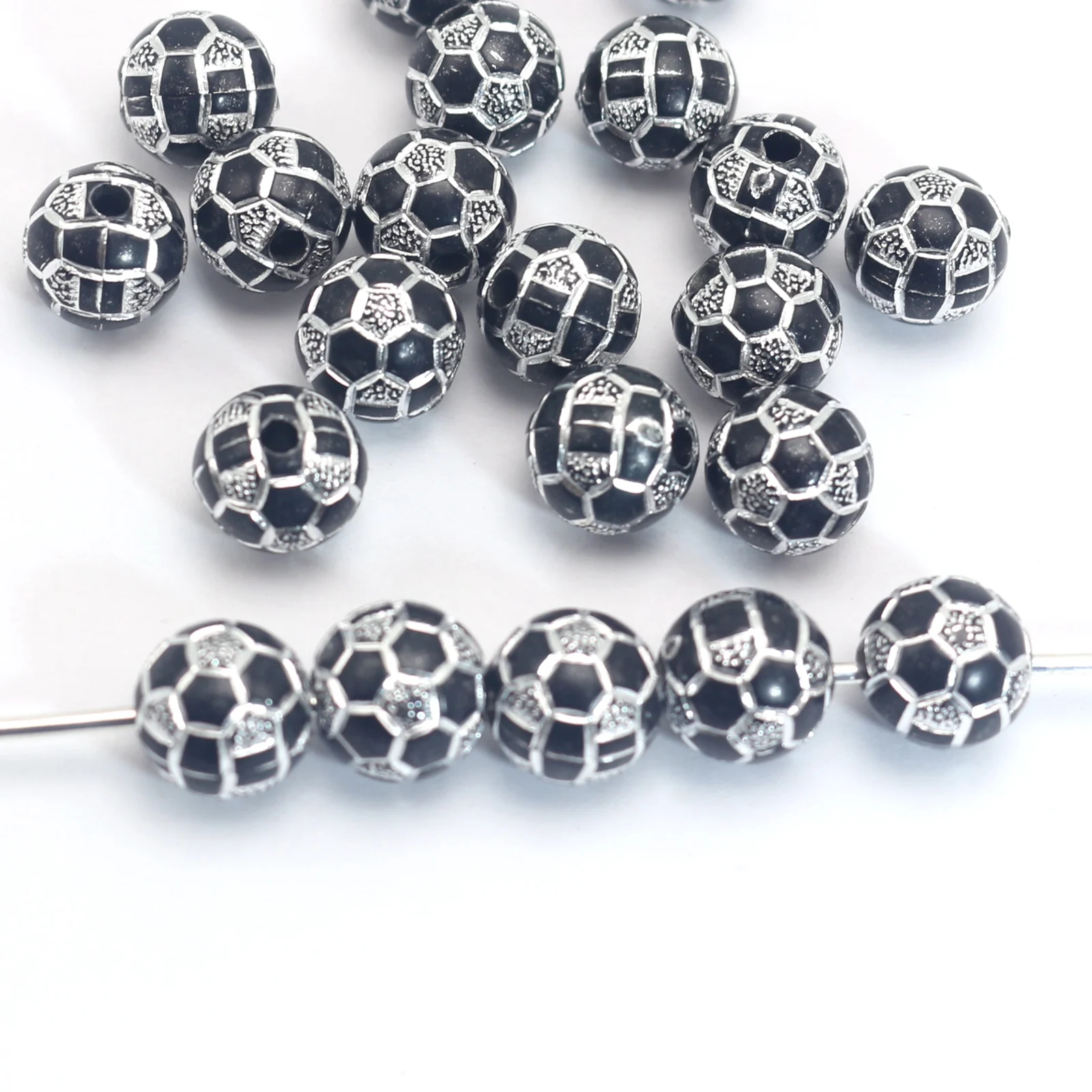 100 Black Sparkling Football Soccer Pattern Acrylic Round Beads 10mm