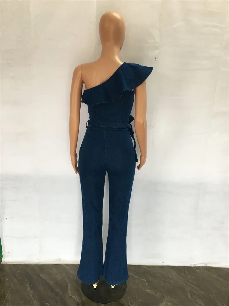 Mode Jeans Één Schouder Jumpsuit Herfstkleding 2024 Vrouwen Ruches Mouwloze Denim Rompertjes Playsuits One Stuffels Overalls Outfit