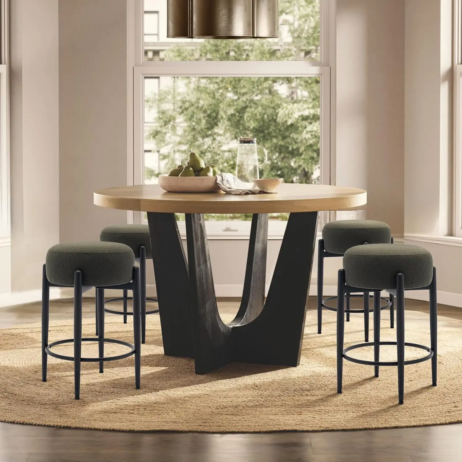 

Modern Bar Stools Set Of 4, 24"" Counter Height Stools With Round Soft Padded Backless Seat And Metal Mid- Base, Green