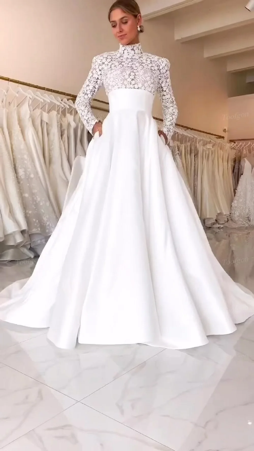 Toofgon A Line abiti da sposa in pizzo di raso modesto collo alto maniche lunghe abiti da festa di nozze abiti da sposa lunghi da principessa