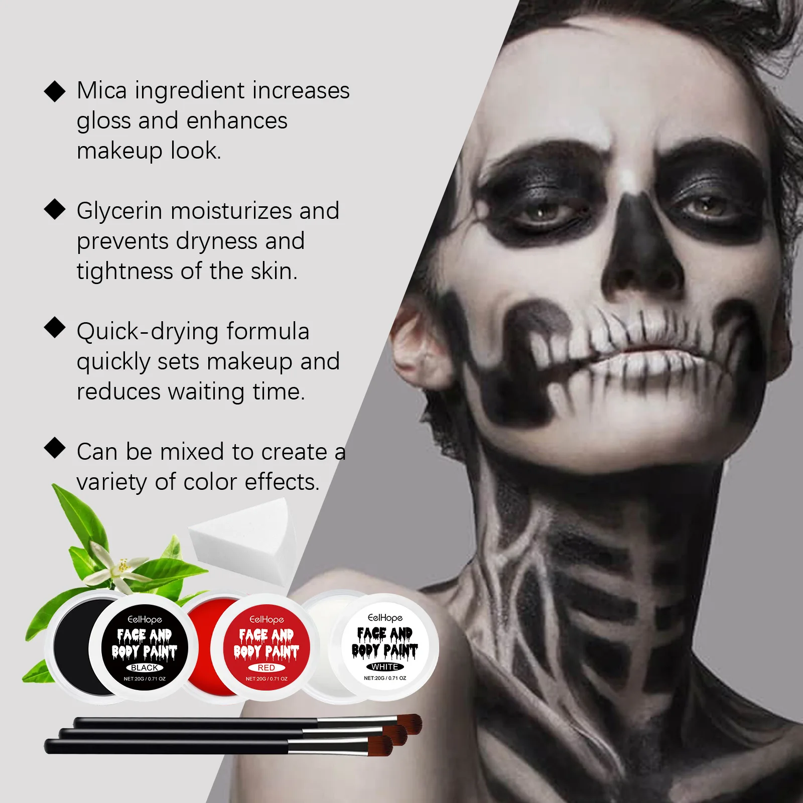 مجموعة مكياج عائلية للهالوين من Eelhope مع فرشاة لمستحضرات التجميل والحفلات التنكرية باللون الأبيض للأطفال والكبار مجموعات مكياج مبهرة للرسم الملون