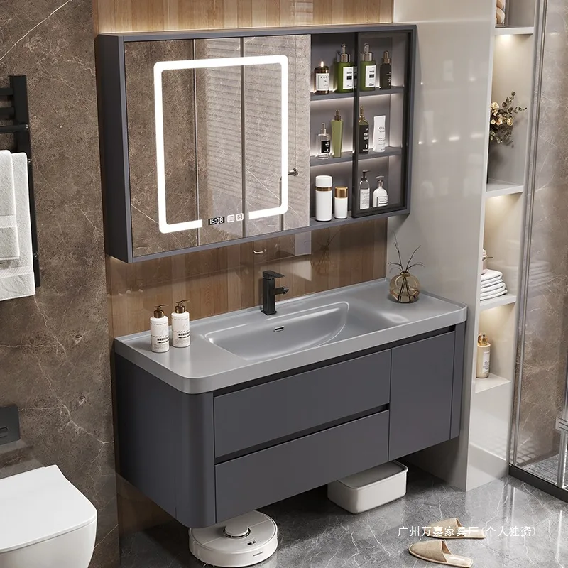 

Light luxury solid wood skin feeling integrated basin bathroom cabinet combination simple bathroom washbasin washbasin smart was