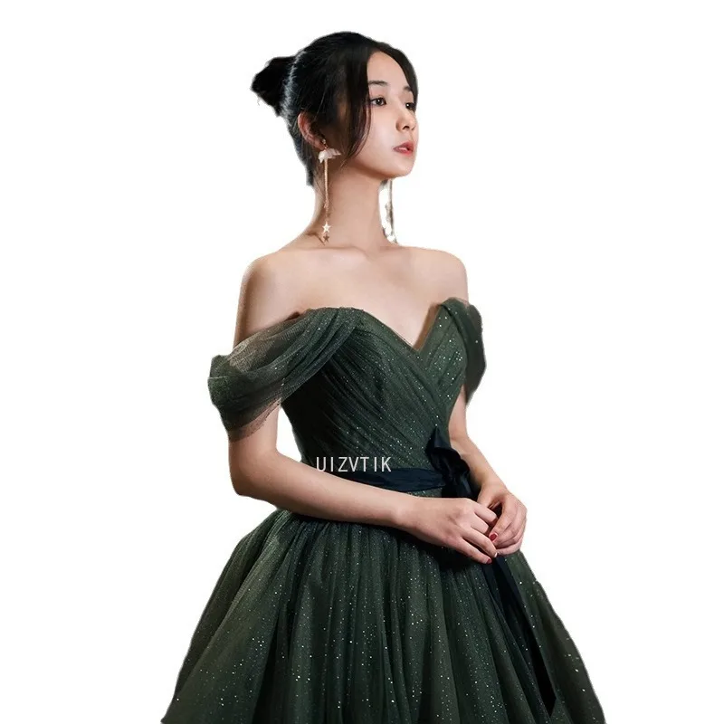 Dark Green Shiny Formal Dresses V Neck Off The Shoulder Party Dress For Wedding A Line Special Occasion Dresses robe soirée