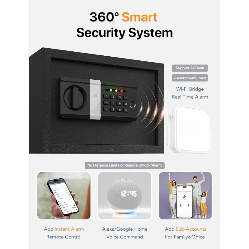 Smart Home Safe | WiFi Safe Box App Lock/Alarm | Voice Command, Kidnap Alarm, Tamper Detect, Frozen Mode, Sub Account