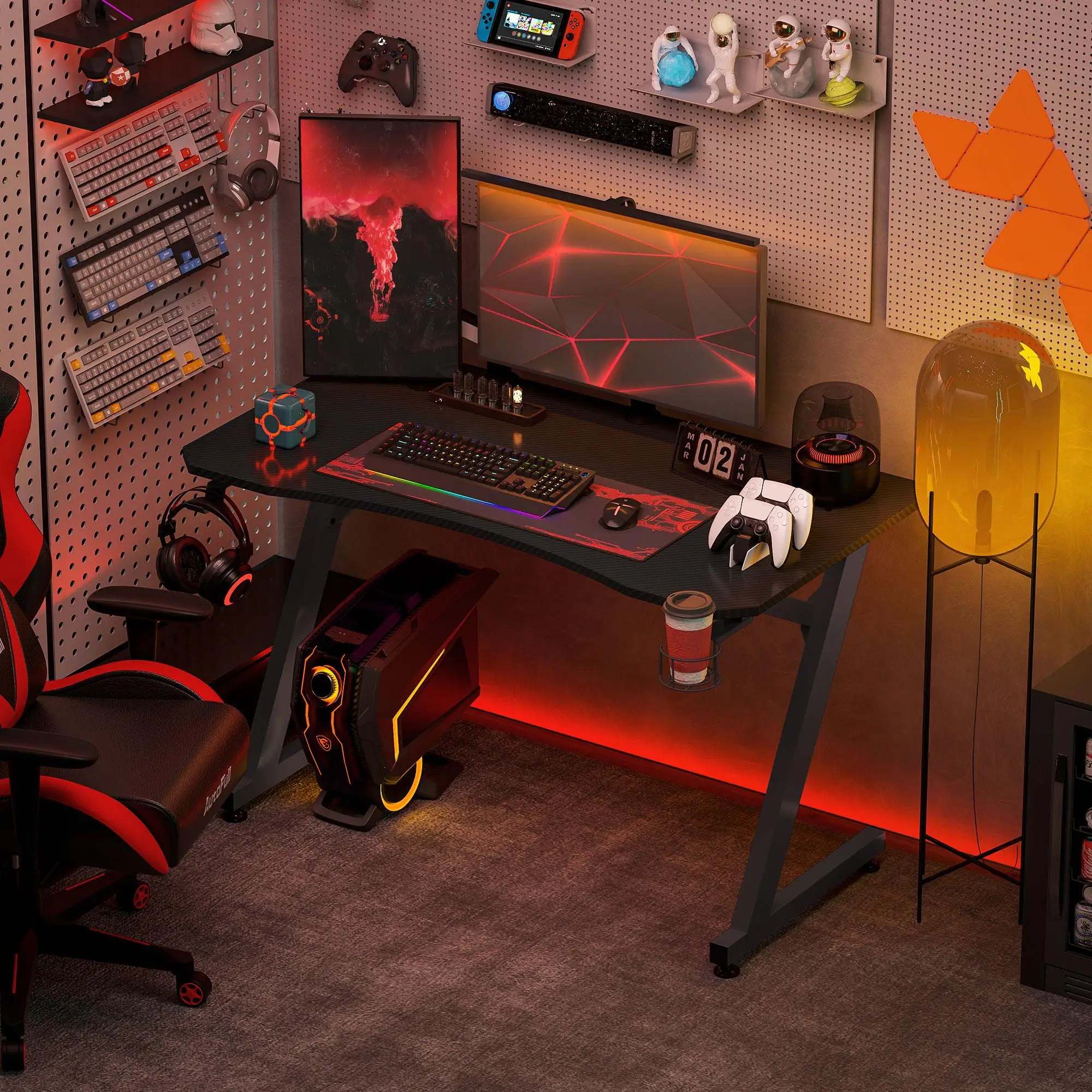 Bureau PC 120x65 cm, aspect carbone, support pour casque, gestion des câbles, cadre en acier, bureau de jeu
