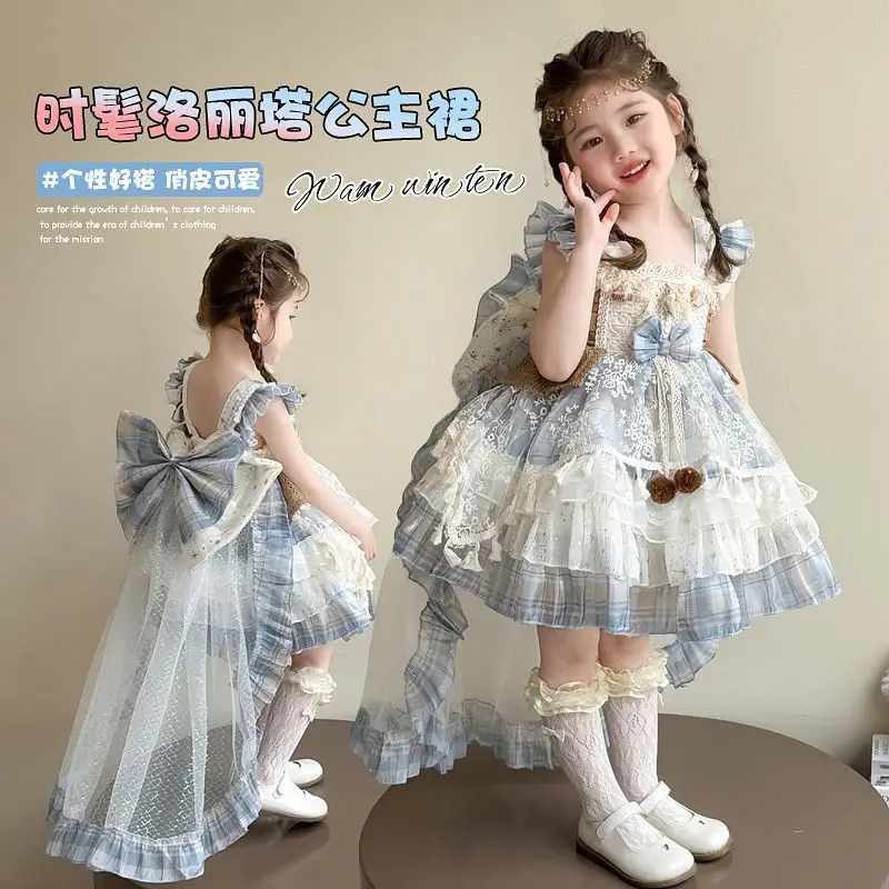 Baby Girls Summer Sweet Lolita Lace Blue Bow Shiny Princess Ball Gown Cake Layed Backless Sundress Birthday Party Clothes
