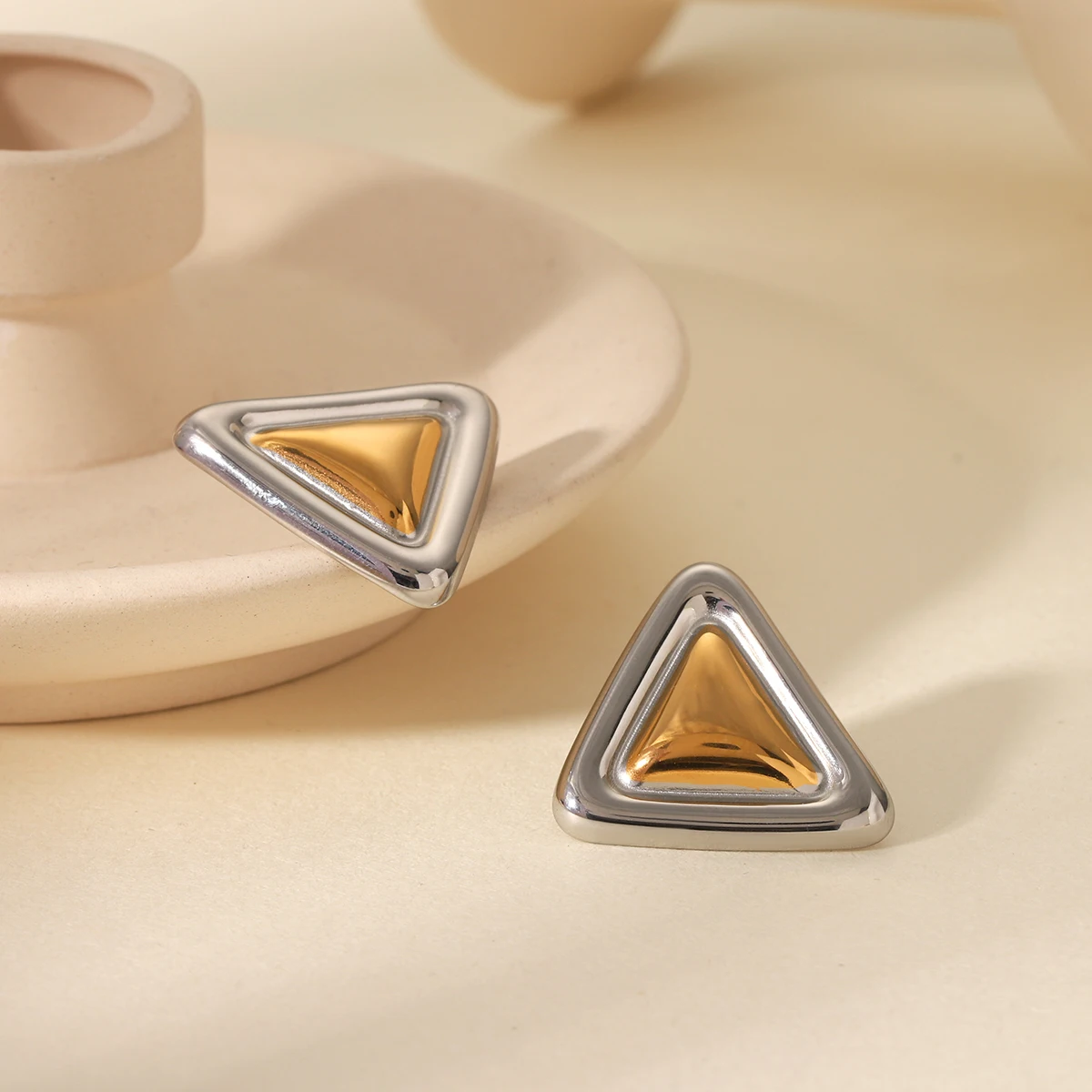 

Modern Two Tone Triangle Earrings Women's Gold Silver Plated Geometric Studs Hypoallergenic Waterproof Casual Statement Jewelry