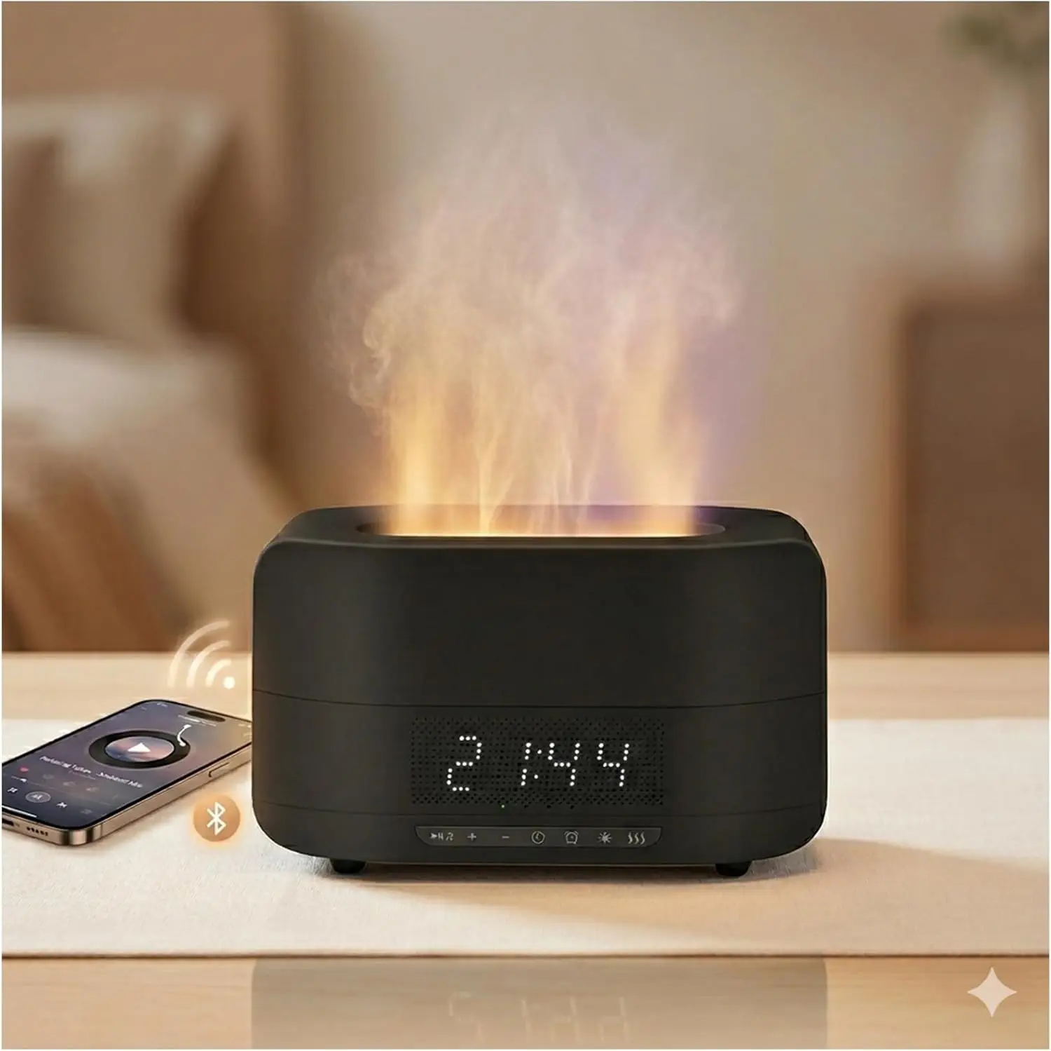 Aroma Essential Oil Diffuser , 5-in-1 Flame Effect Ultrasonic Diffuser with Bluetooth Speaker, LED Night Light & Clock